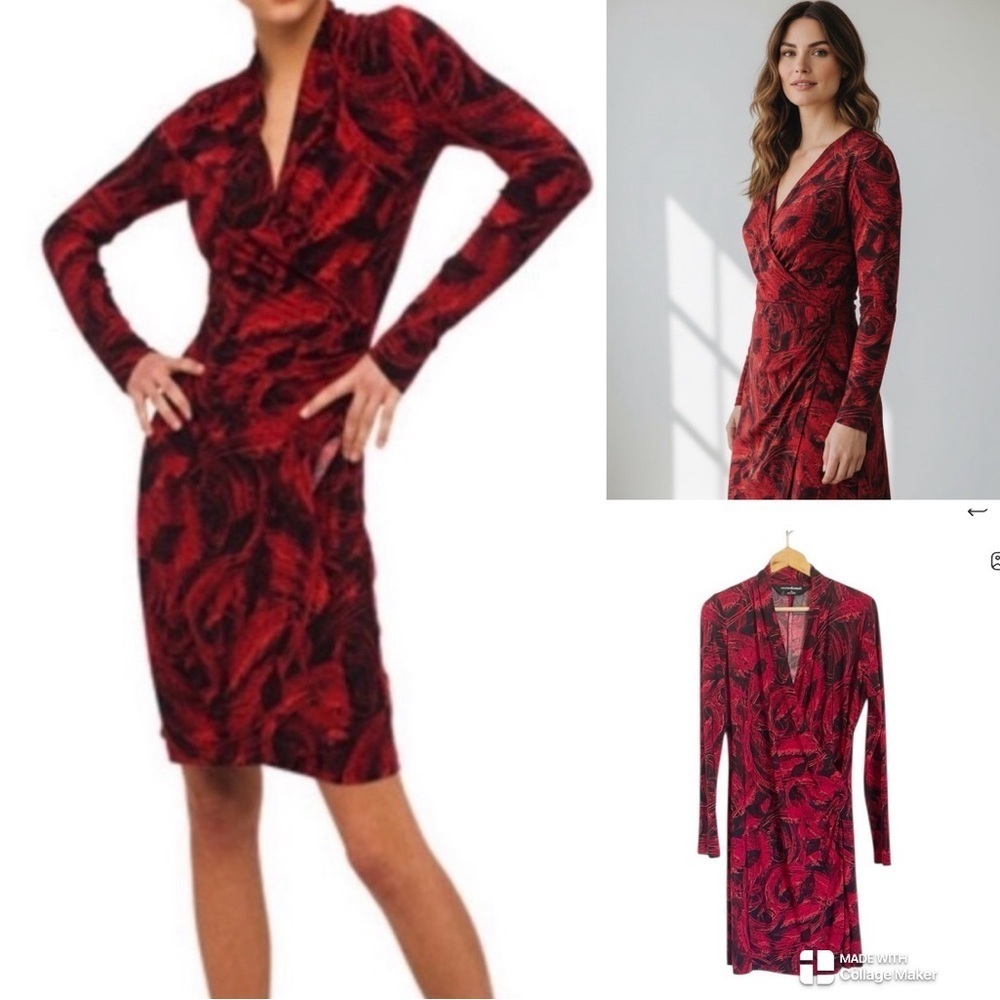 Norma Kamali red and black feather print stretch jersey faux wrap dress.